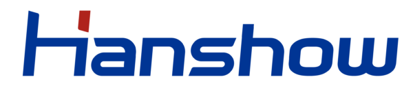 Hanshow logo in blauwe letters met een rode accent op de "H".