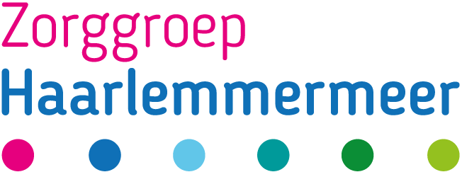 Logo van Zorggroep Haarlemmermeer met kleurrijke stippen eronder.