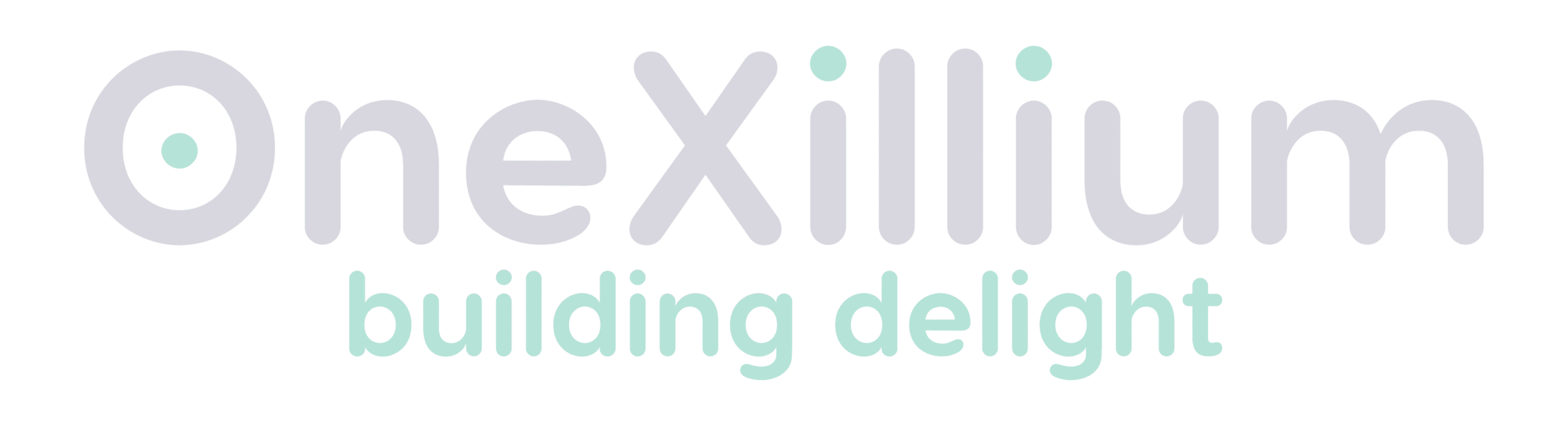 Logo van OneXillium met de tekst "building delight" in witte en groene letters.
