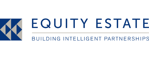 Logo van Equity Estate met de slogan "Building Intelligent Partnerships" en een abstracte grafische vorm links.