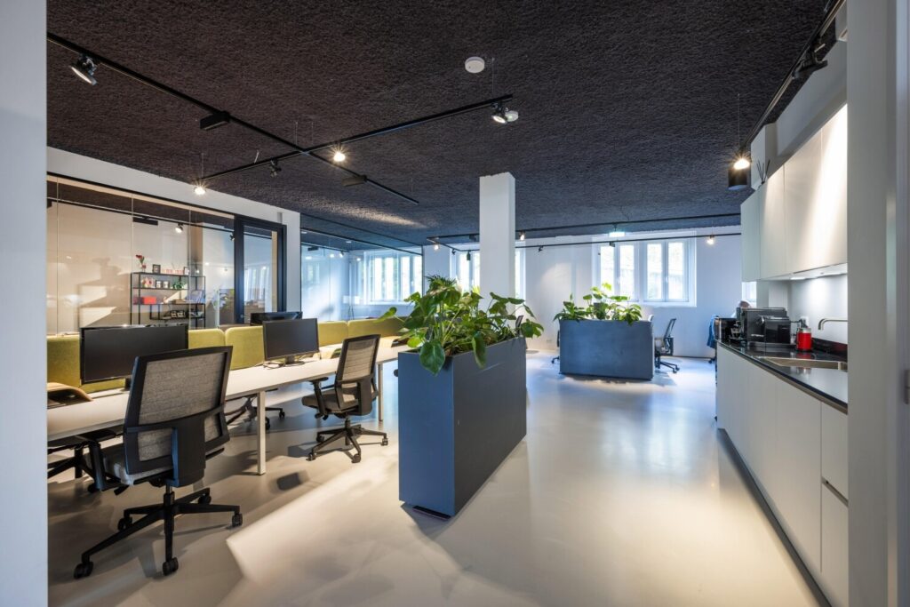 Moderne open kantoorruimte met planten en werkplekken, belicht door natuurlijk licht.