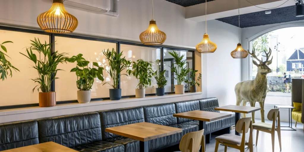 Een modern ingerichte ruimte met leren banken, houten tafels, kamerplanten en een opvallend hert decoratief element dichtbij een groot raam.