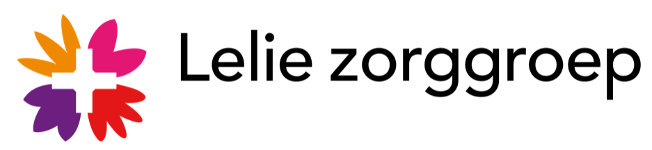 Logo van de Lelie zorggroep met een kleurrijk bloemontwerp en een kruis.