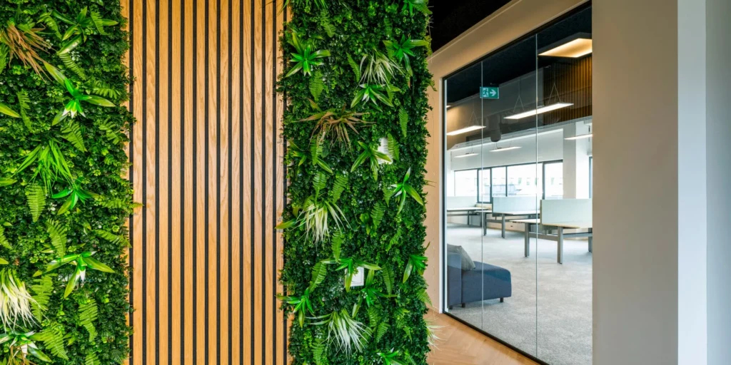 Groene plantenwand met houten panelen in een modern kantoor aan de Transformatorweg.