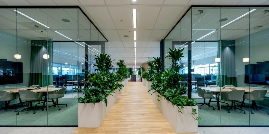 Een modern kantoorinterieur met een glazen wand en een gang vol groene planten op Winthontlaan 27.